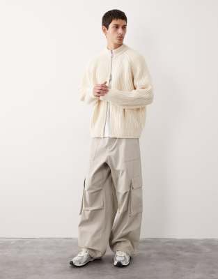 Asos Collective Oversized Knitted Zip Through Wool Rich Cardigan In White