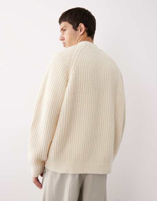 ASOS COLLECTIVE oversized knitted zip through wool rich cardigan in ecru, 3 of 7
