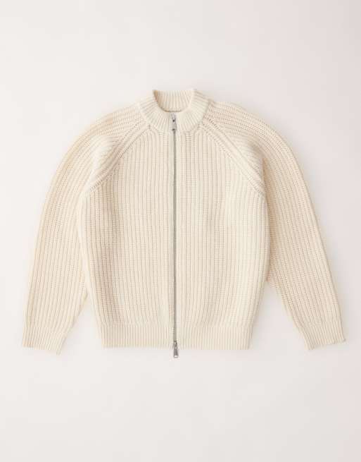 ASOS COLLECTIVE oversized knitted zip through wool rich cardigan in ecru, 6 of 7