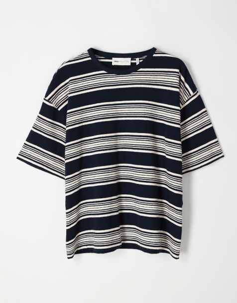 ASOS COLLECTIVE - Oversized kraftig T-shirt med tekstur og beige og marineblå striber - view 1