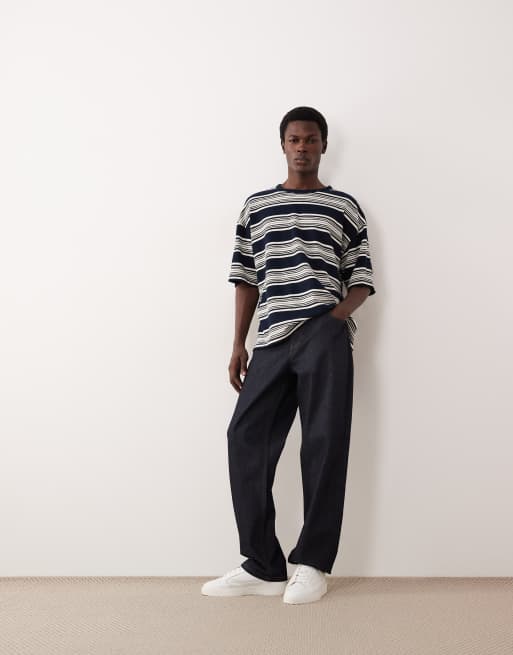 ASOS COLLECTIVE - Oversized kraftig T-shirt med tekstur og beige og marineblå striber, 2 af 6