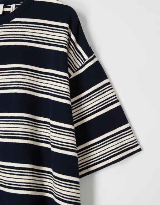ASOS COLLECTIVE - Oversized kraftig T-shirt med tekstur og beige og marineblå striber, 6 af 6