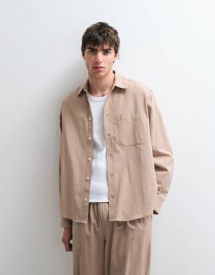 Asos Collective Oversized Long Sleeve Cotton Shirt With Linen In Brown