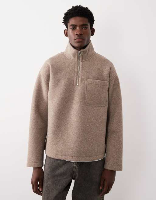 ASOS COLLECTIVE oversized super heavyweight scuba-style fabric quarter zip funnel in light brown  - BROWN, 2 of 7