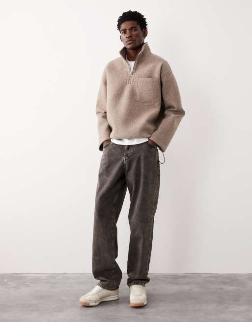 ASOS COLLECTIVE oversized super heavyweight scuba-style fabric quarter zip funnel in light brown  - BROWN, 3 of 7