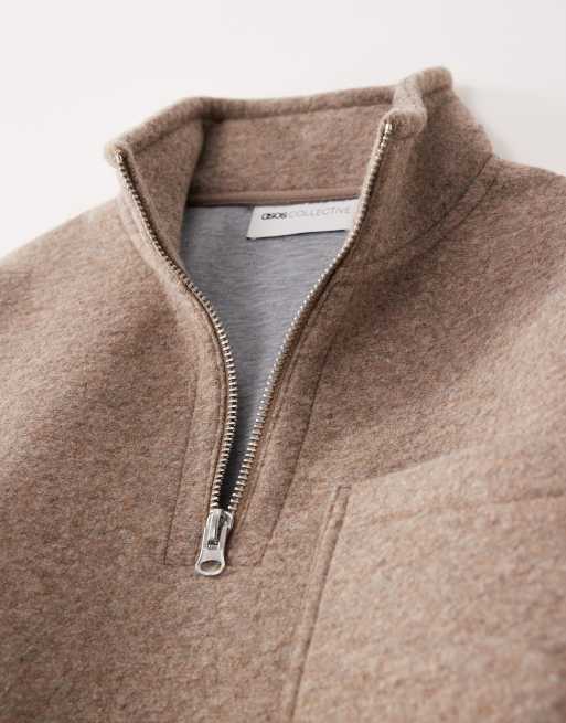 ASOS COLLECTIVE oversized super heavyweight scuba-style fabric quarter zip funnel in light brown  - BROWN, 7 of 7