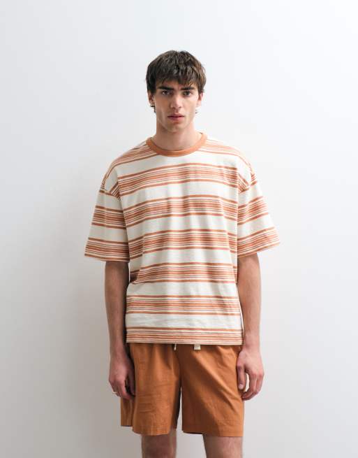 ASOS COLLECTIVE - Oversized T-shirt i kraftigt materiale med cremehvide/orange striber og tekstur, 3 af 5