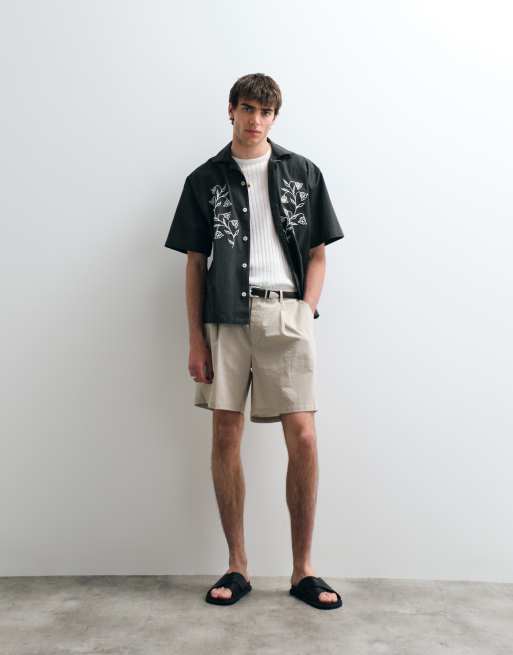 ASOS COLLECTIVE - Pantalones cortos color piedra plisados de mezcla de algodón y lino, 1 de 5