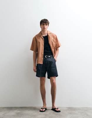 Asos Collective Pleated Denim Shorts In Brown