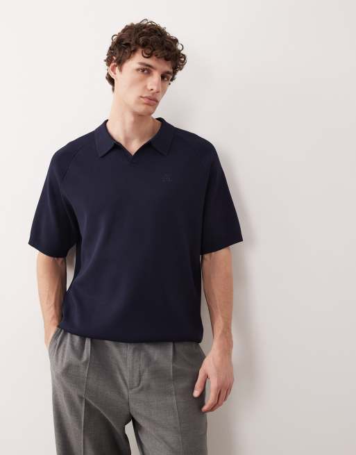 ASOS COLLECTIVE - Polo comoda in maglia compatta blu navy con intaglio sul collo