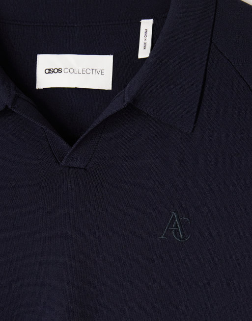 ASOS COLLECTIVE - Polo comoda in maglia compatta blu navy con intaglio sul collo, 6 di 6