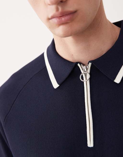 ASOS COLLECTIVE - Polo comoda in maglia compatta blu navy con zip corta in coordinato, 2 di 6