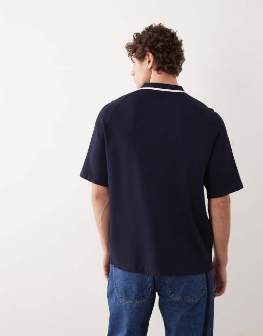 ASOS COLLECTIVE - Polo comoda in maglia compatta blu navy con zip corta in coordinato, 4 di 6