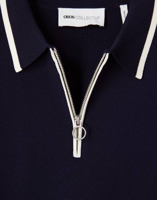 ASOS COLLECTIVE - Polo comoda in maglia compatta blu navy con zip corta in coordinato, 6 di 6