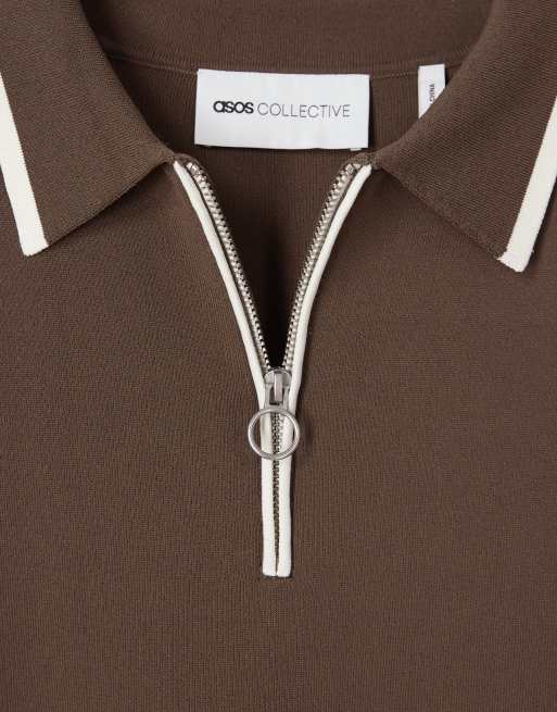 ASOS COLLECTIVE - Polo comoda in maglia compatta marrone con zip corta in coordinato, 6 di 6