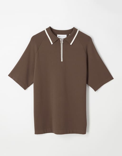 ASOS COLLECTIVE - Polo décontracté d'ensemble en maille compacte avec col zippé - Marron, 5 de 6