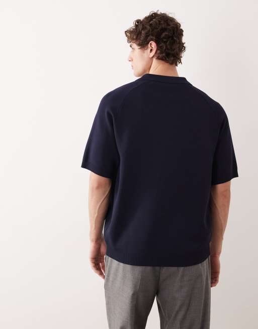 ASOS COLLECTIVE - Polo décontracté en maille compacte à col cranté - Bleu marine, 4 de 6