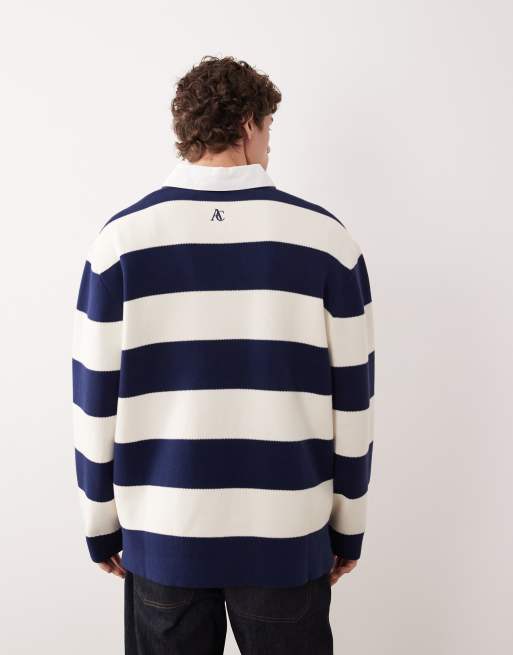 ASOS COLLECTIVE - Polo super oversize pesante stile rugby bianca e blu navy a righe , 5 di 7