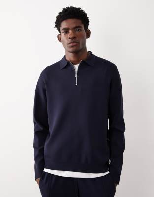 Asos Collective Relaxed Compact Knit Half Zip Polo In Blue