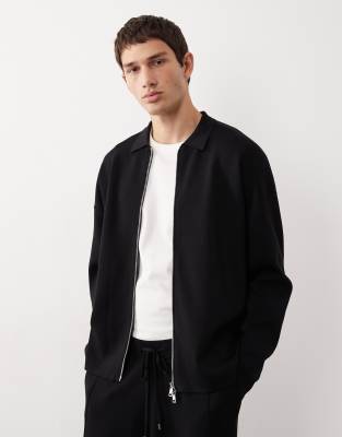 Asos Collective Relaxed Compact Knit Zip Through Cardigan In Black