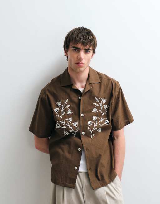 ASOS COLLECTIVE relaxed cotton embroidered shirt with linen in brown, 4 of 5