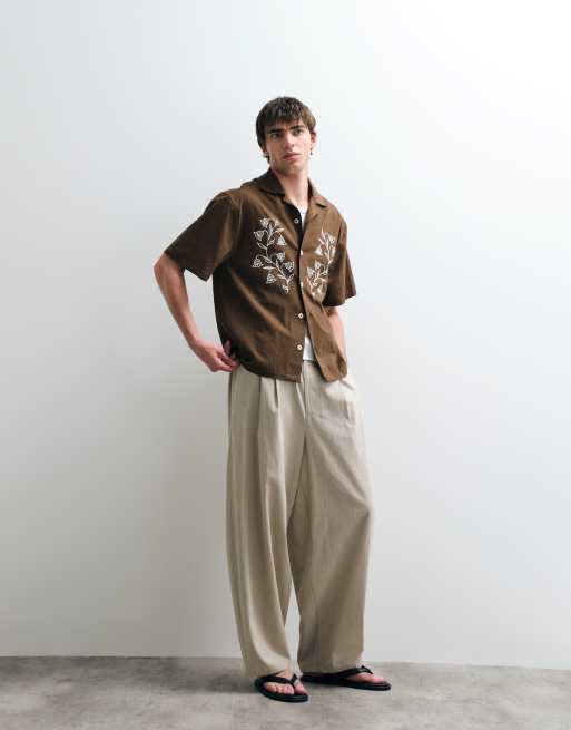 ASOS COLLECTIVE relaxed cotton embroidered shirt with linen in brown, 5 of 5