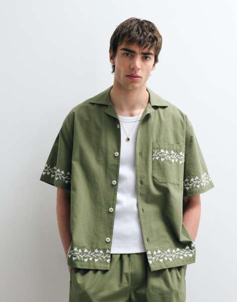 ASOS COLLECTIVE relaxed cotton embroidered shirt with linen in khaki (part of a set) - view 1
