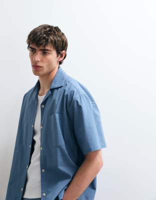 Asos Collective Relaxed Cotton Shirt With Linen In Blue