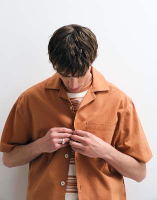 Asos Collective Relaxed Cotton Shirt With Linen In Brown