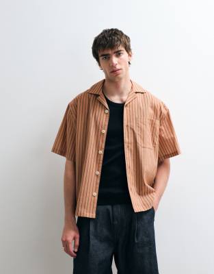 Asos Collective Relaxed Cotton Striped Shirt With Linen In Multi