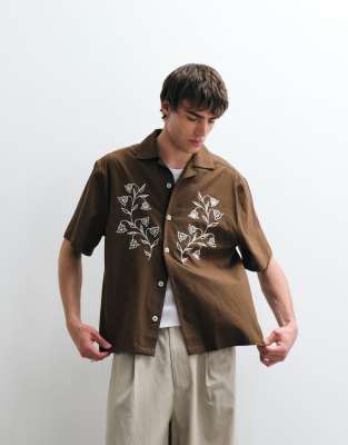 Asos Collective Relaxed Fit Cotton-linen Blend Embroidered Shirt In Brown