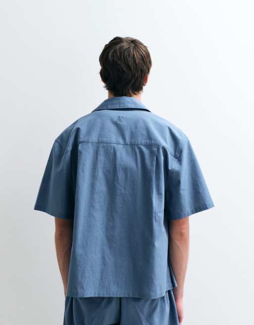 ASOS COLLECTIVE – Relaxed-Fit-Hemd aus Baumwolle mit Leinen in Mittelblau, Kombiteil, 3 von 5