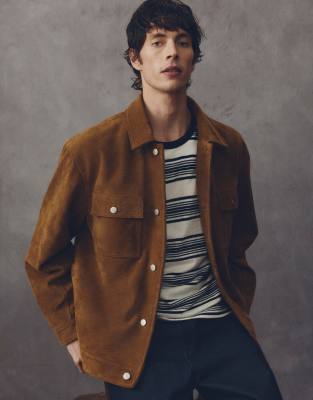 Asos Collective Relaxed Fit Real Suede Trucker Jacket In Brown