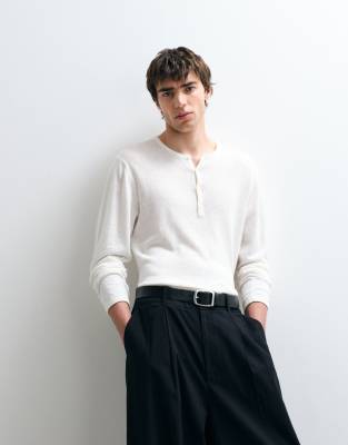 Asos Collective Relaxed Long Sleeve Linen Rich Henley T-shirt In Multi
