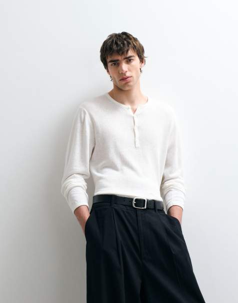 ASOS COLLECTIVE relaxed long sleeve linen rich henley t-shirt in ecru - view 1