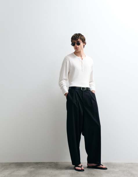 ASOS COLLECTIVE relaxed long sleeve linen rich henley t-shirt in ecru - view 1