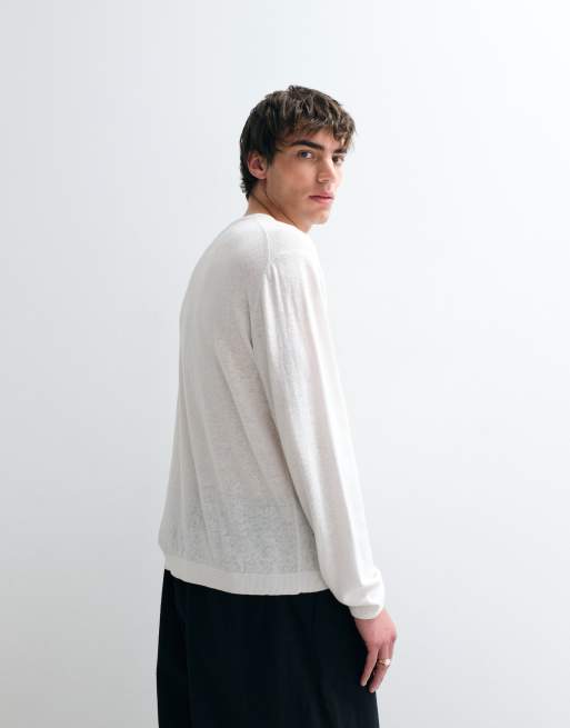 ASOS COLLECTIVE relaxed long sleeve linen rich henley t-shirt in ecru, 4 of 5