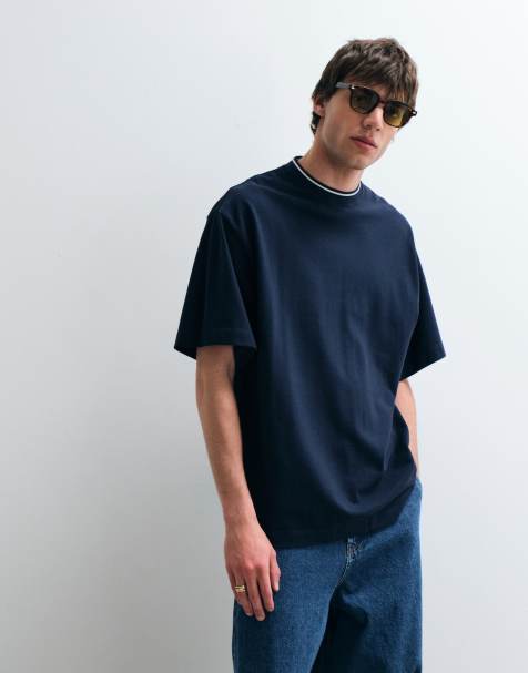 ASOS COLLECTIVE - Ruimvallend T-shirt van zware piquéstof met een gekleurd randje in marineblauw - view 1