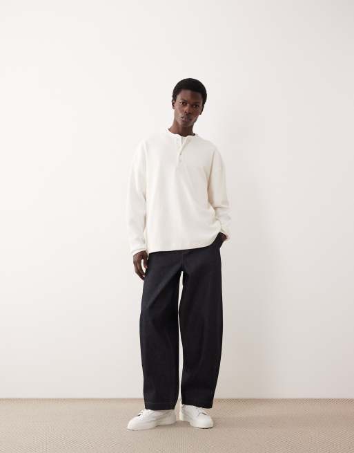 ASOS COLLECTIVE super heavyweight oversized boxy long sleeve waffle henley t-shirt in cream, 2 of 6