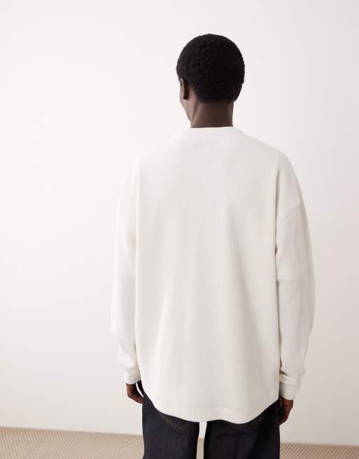 ASOS COLLECTIVE super heavyweight oversized boxy long sleeve waffle henley t-shirt in cream, 4 of 6