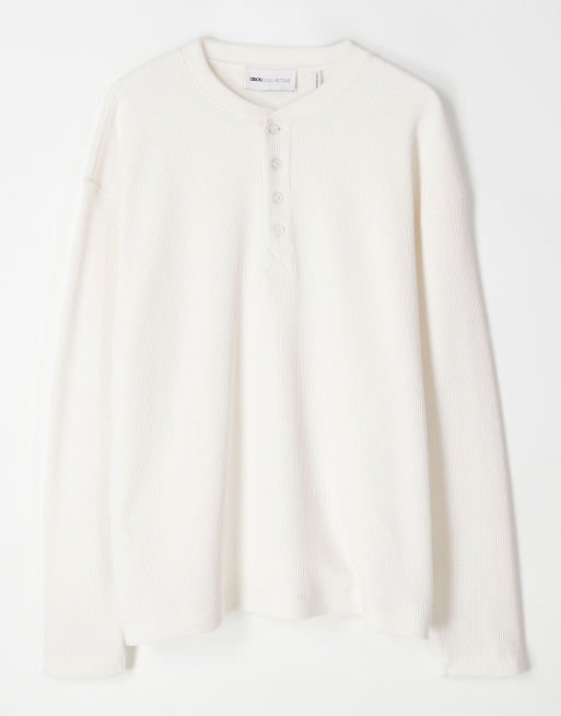 ASOS COLLECTIVE super heavyweight oversized boxy long sleeve waffle henley t-shirt in cream, 5 of 6