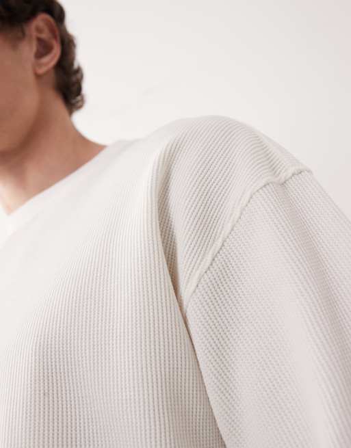 ASOS COLLECTIVE super heavyweight oversized waffle texture t-shirt in cream, 2 of 6