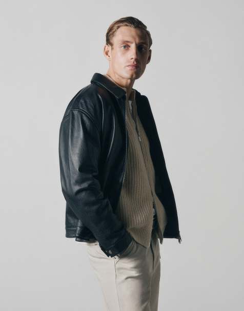 ASOS COLLECTIVE – Svart, texturerad harrington-jacka i äkta läder och oversize - view 1