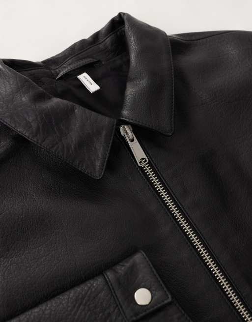 ASOS COLLECTIVE – Svart, texturerad harrington-jacka i äkta läder och oversize, 2 av 7
