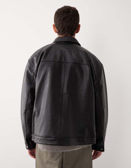 ASOS COLLECTIVE – Svart, texturerad harrington-jacka i äkta läder och oversize, 3 av 7