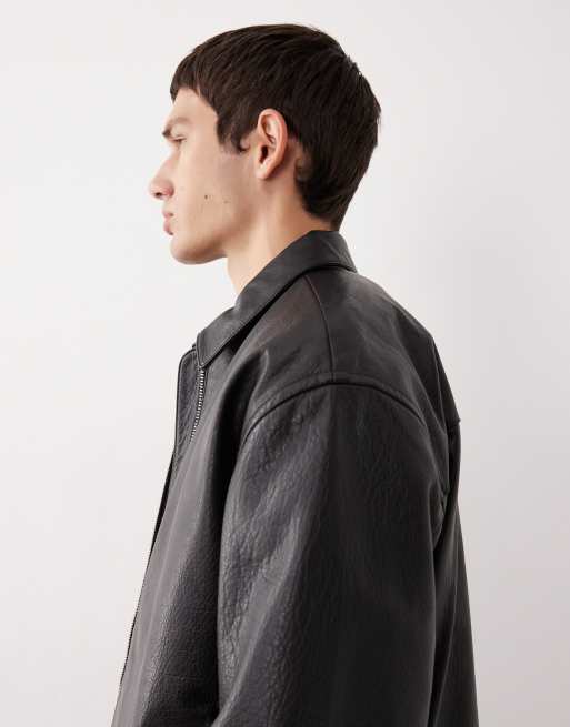 ASOS COLLECTIVE – Svart, texturerad harrington-jacka i äkta läder och oversize, 4 av 7