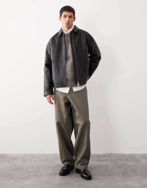 ASOS COLLECTIVE – Svart, texturerad harrington-jacka i äkta läder och oversize, 6 av 7