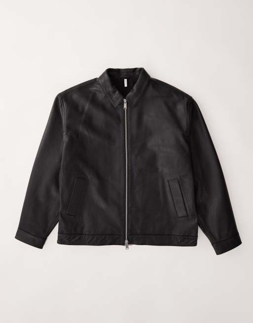 ASOS COLLECTIVE – Svart, texturerad harrington-jacka i äkta läder och oversize, 7 av 7