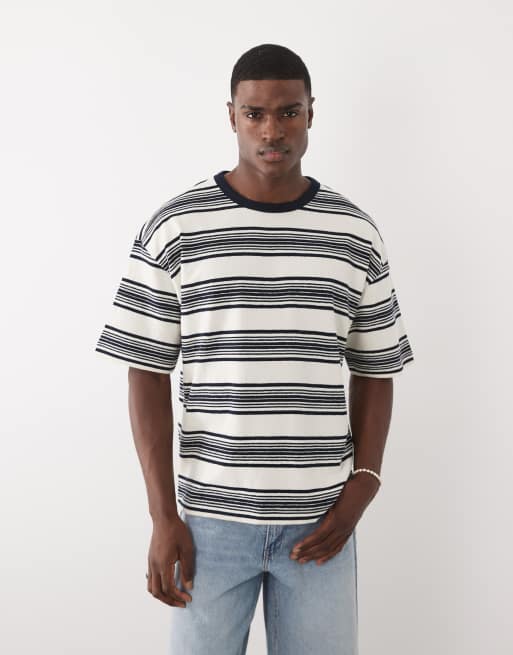 ASOS COLLECTIVE - T-shirt oversize pesante testurizzata a righe écru e blu navy, 3 di 7