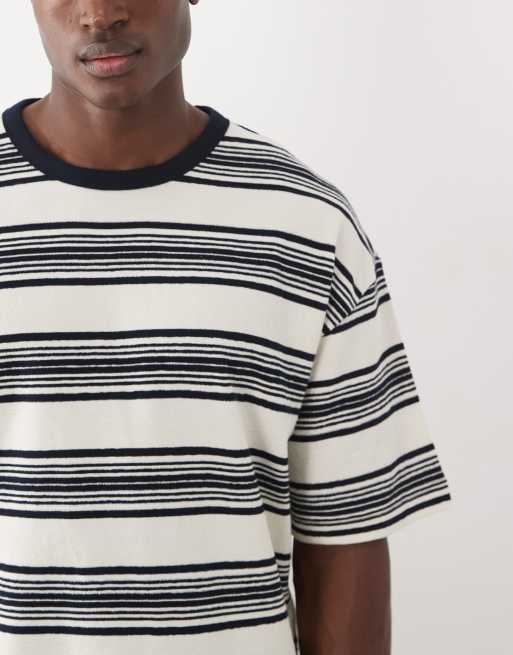 ASOS COLLECTIVE - T-shirt oversize pesante testurizzata a righe écru e blu navy, 4 di 7